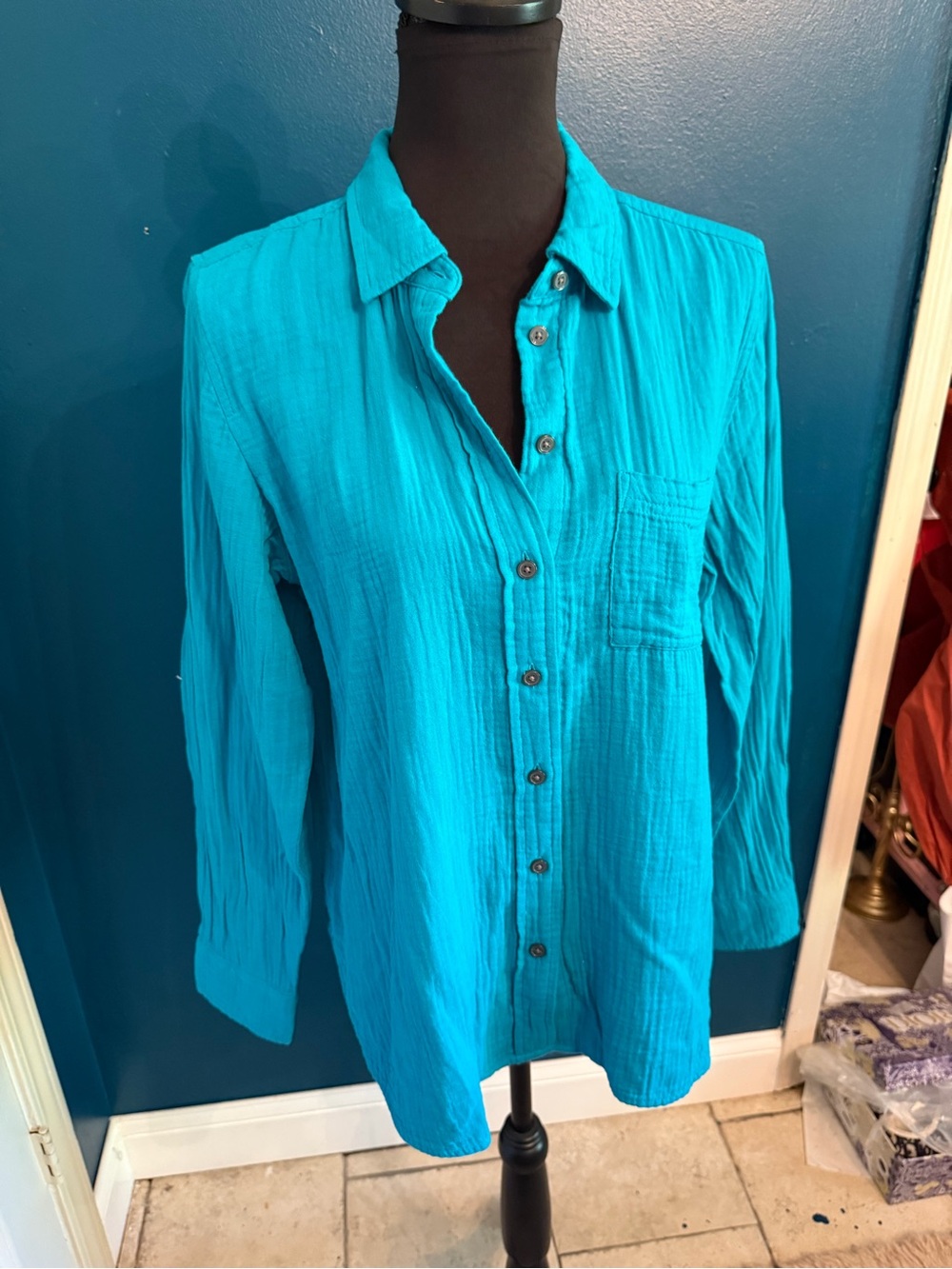 J. Crew Bright Turquoise Button-Front Crinkle Blouse